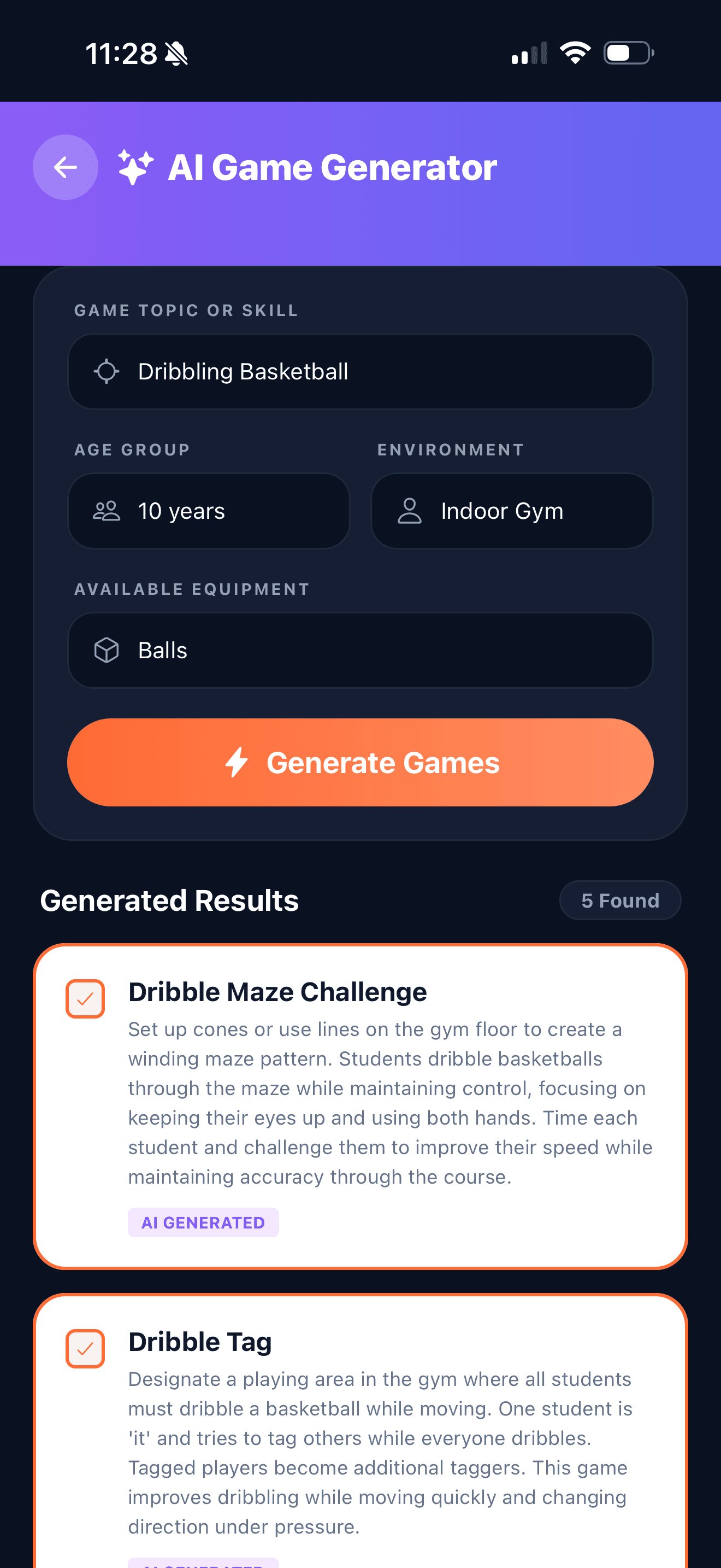 AI Game Generator screen showing game creation form