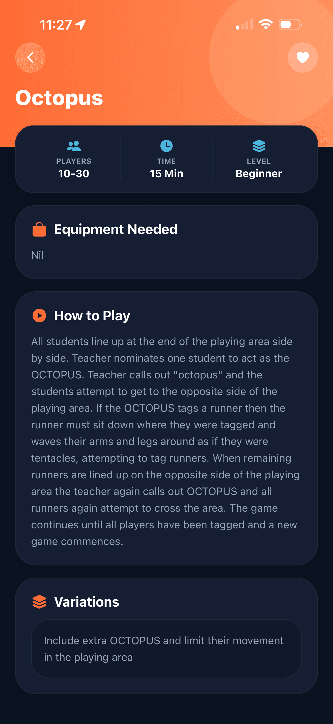 Game detail screen showing rules and variations