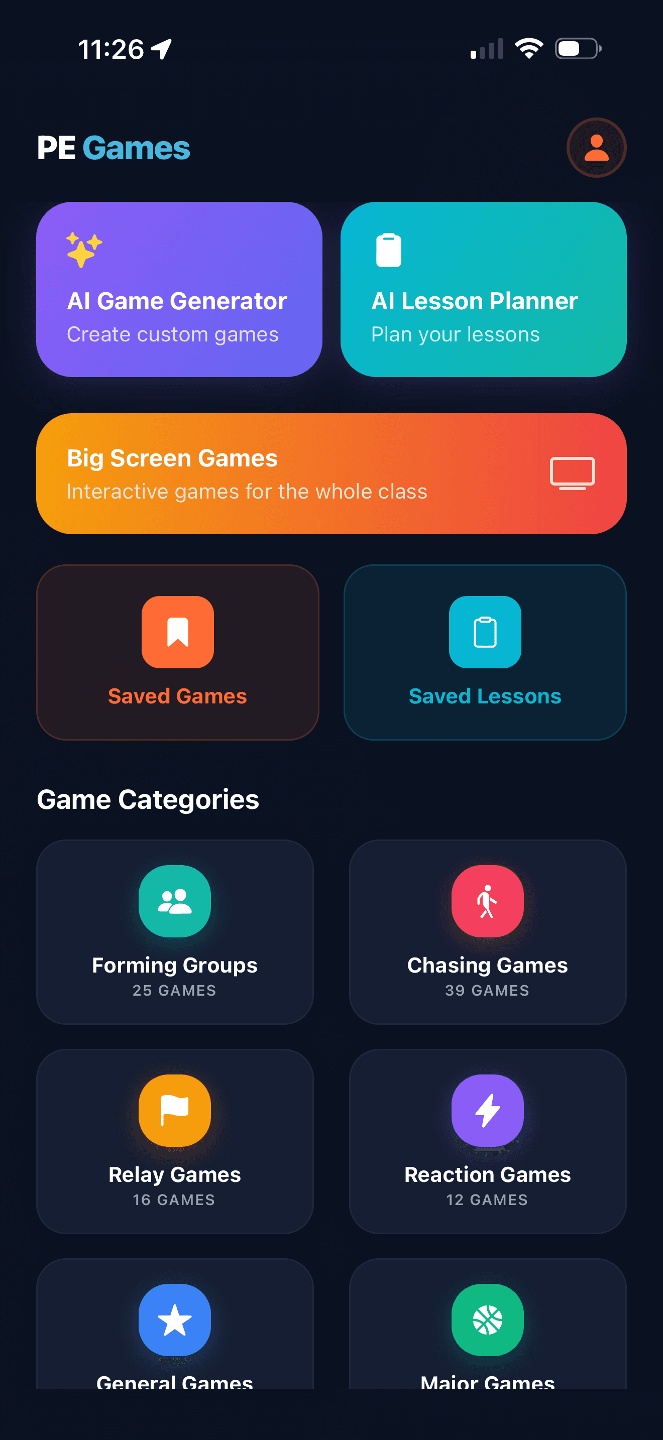 PE Games home screen